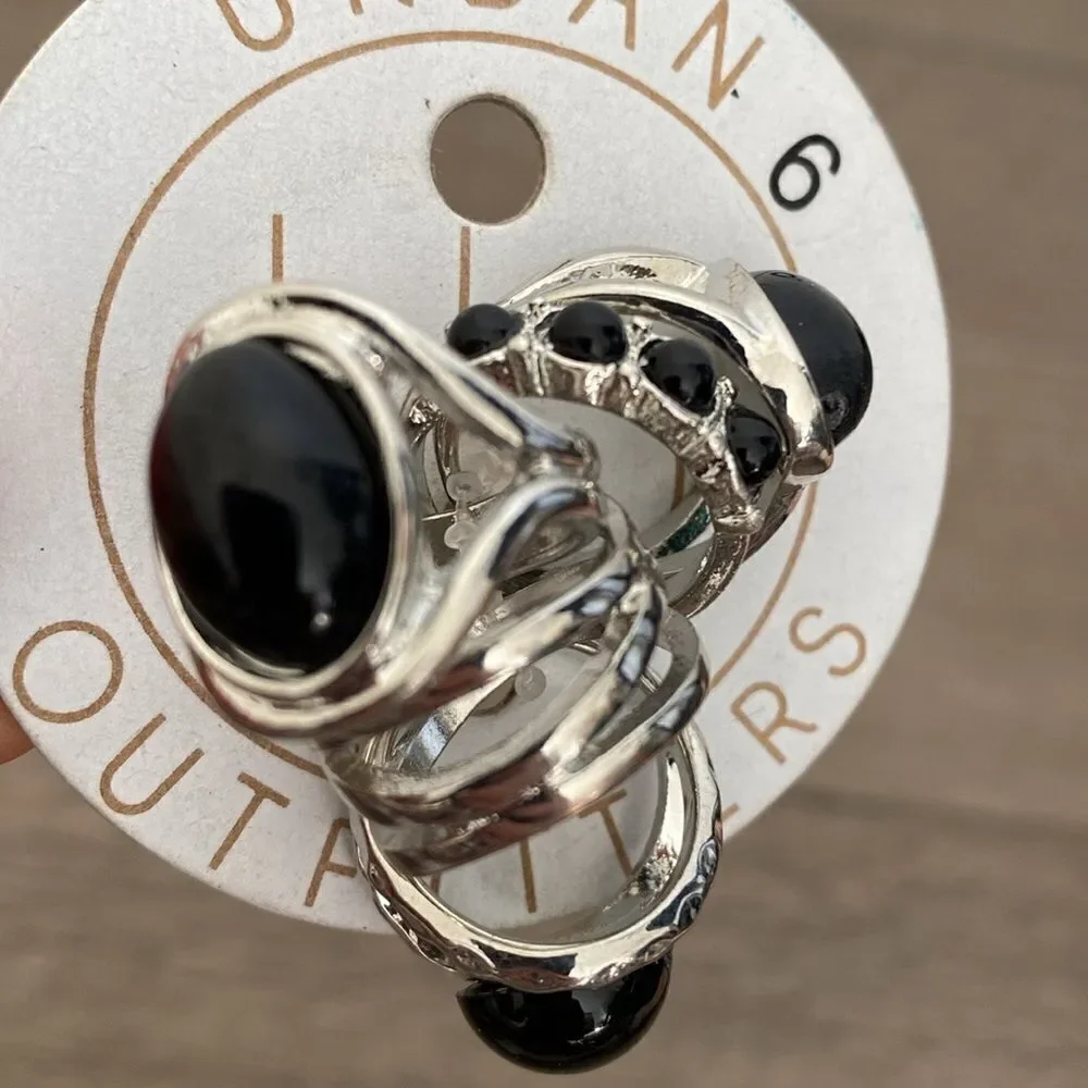 Urban Outfitters Set of Various Silver Tone Boho Stacking Rings w Black Stones